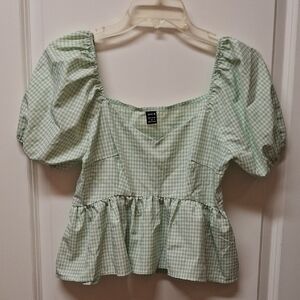 SHEIN Mint Gingham Puff Sleeve Blouse